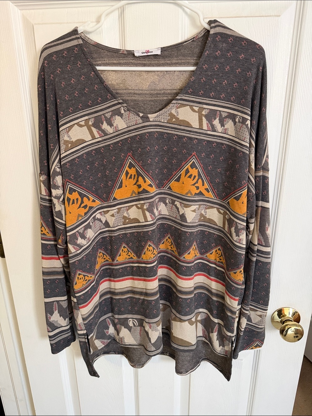 V-Neck Patterned Sweater in Charcoal with Mustard Accents